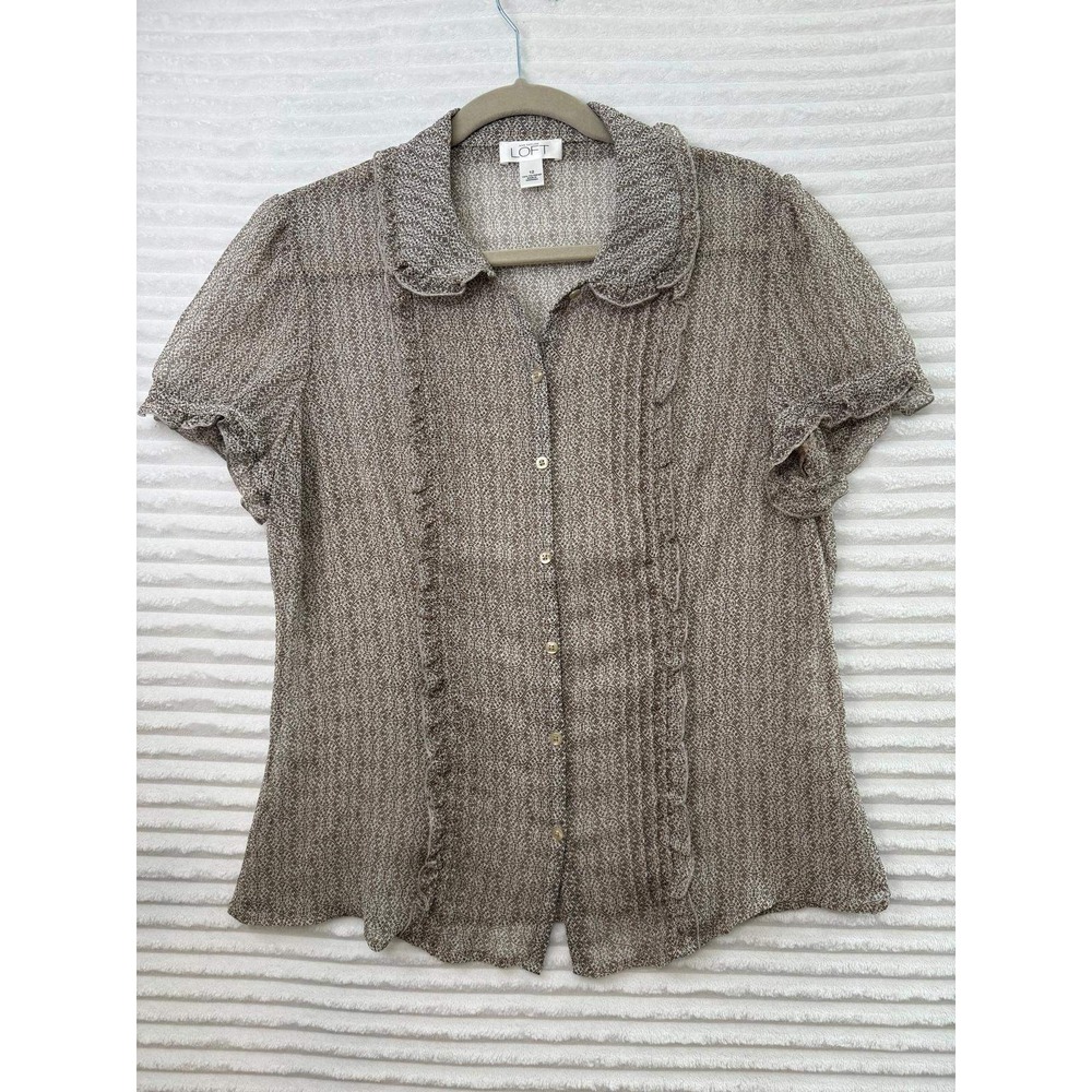 Ann Taylor LOFT Brown White Medallion Print Ruffle Sheer Button Blouse Sz 12